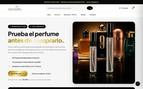 Página web de Aromatopia, perfumería y decants